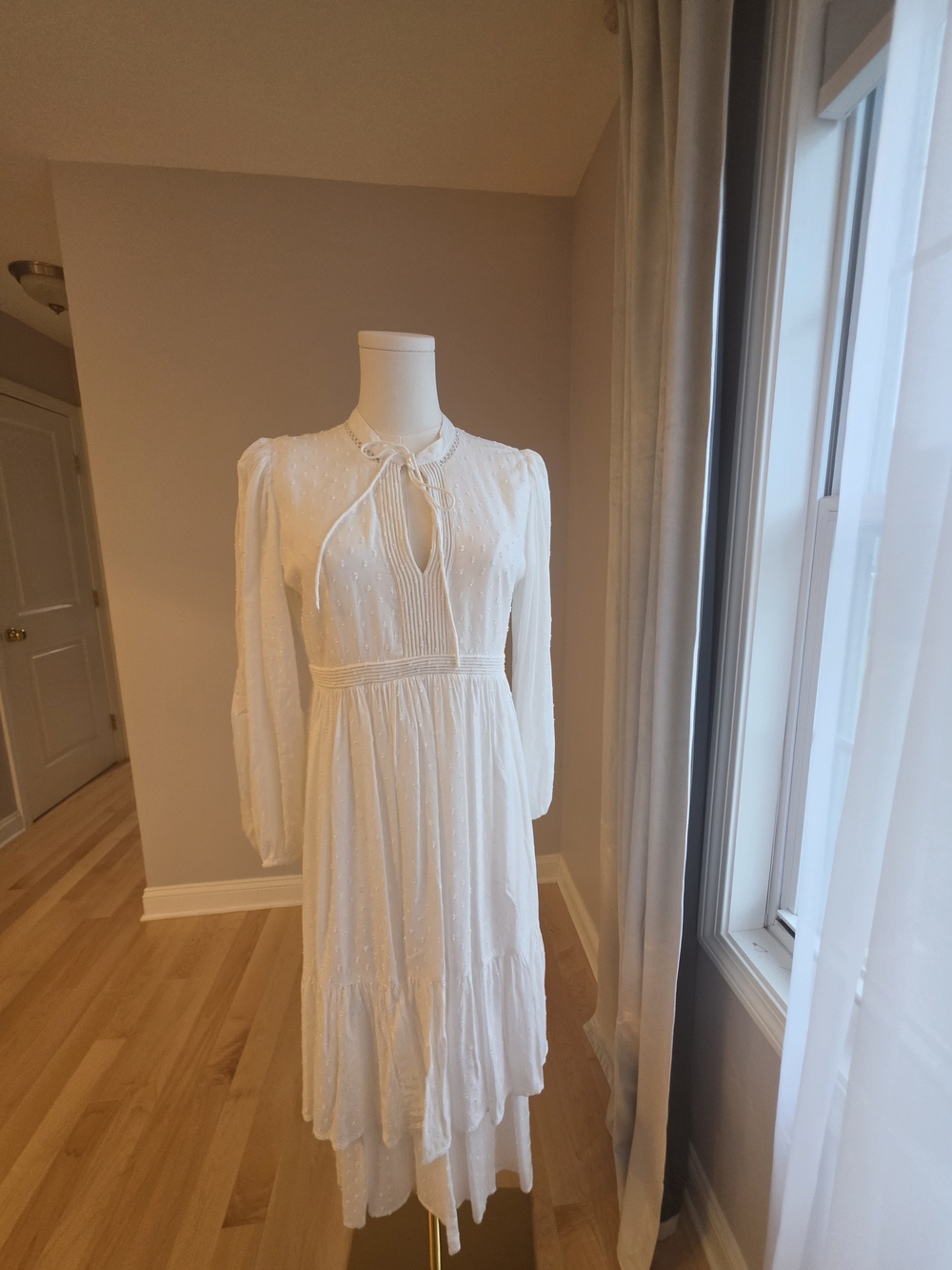 ba&sh White Long-Sleeve Midi Dress with Tie Neck